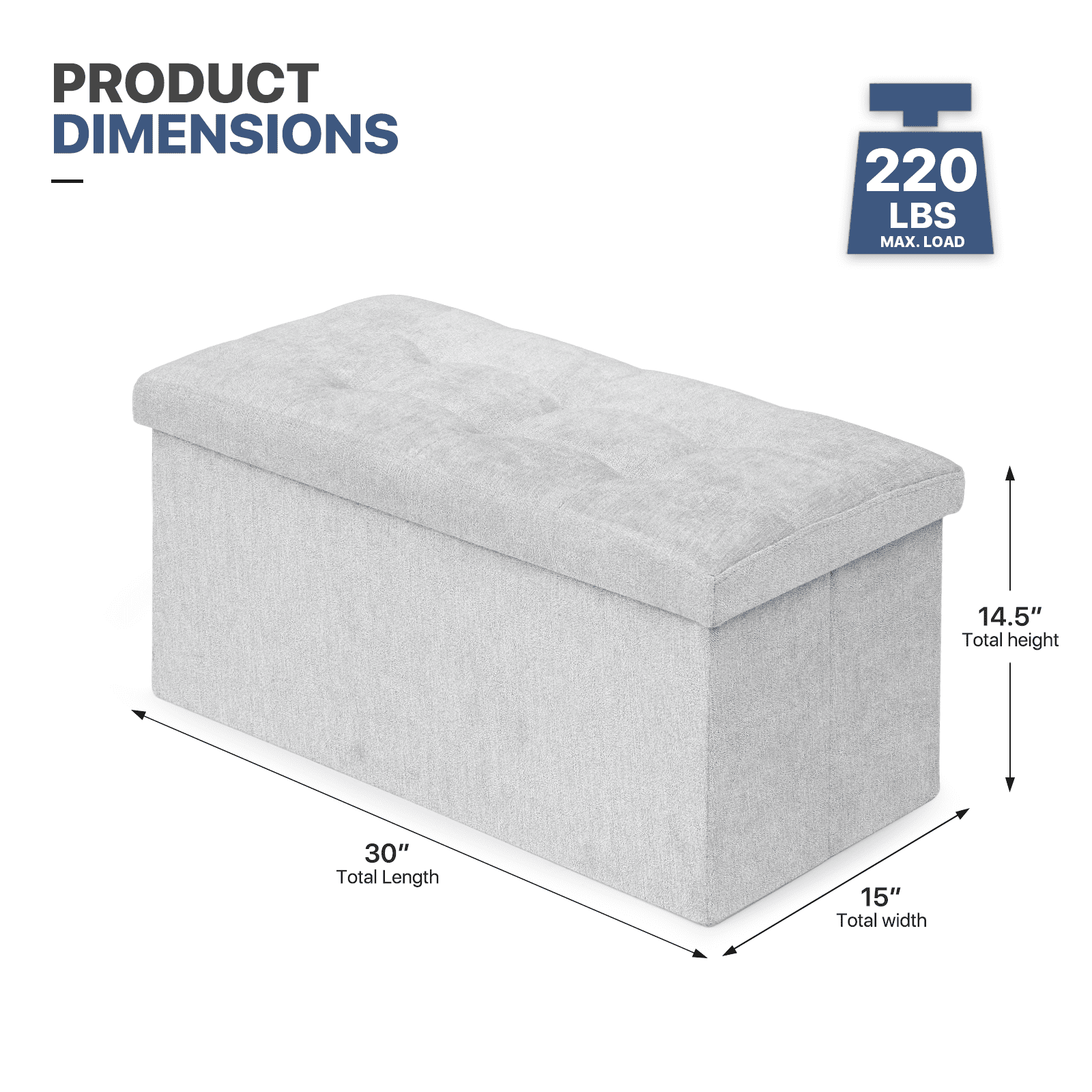MoNiBloom 30" Folding Storage Ottoman Bench, Cotton-linen Collapsible Footrest Ottoman with Storage, for Living Room Bedroom Entryway, Light Gray