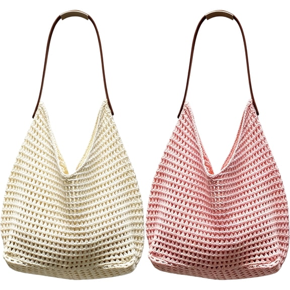 2 Pack Woven Straw Tote Bag, Large Beach Bag with Leather Handle, Lightweight Hollow Shoulder Bag for Women, Summer Casual Handbag