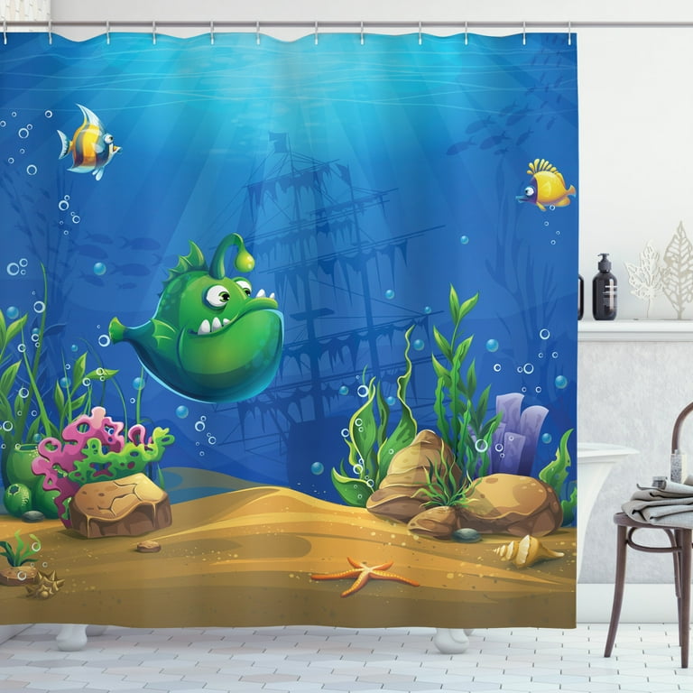 Deep Sea Shower Curtain, Funny Cartoon Fish the Undersea on Sink Pirate  Ship Background, Fabric Bathroom Set with Hooks, 69W X 84L Inches Extra  Long, Azure Blue Multicolor, by Ambesonne 