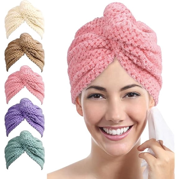Eryueer Ultra Plush Microfiber Hair Towel Wrap for Women, 5 Pack, 10x26 in, Purple, Absorbent Twist Hair Turban Drying Cap