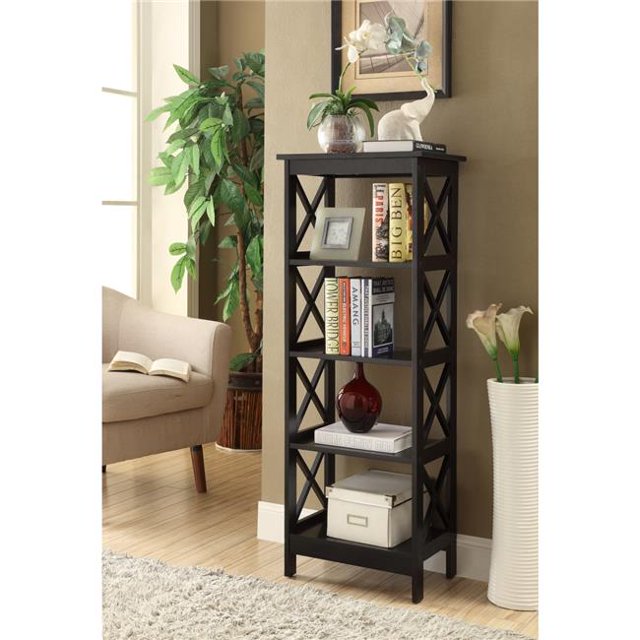 LuxenHome Black Wood X-Sided 4-Shelf Bookcase