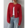 thumbnail image 3 of Women'S Button Down Long Sleeve Crewneck Crop Cardigan Sweater Cute Knitwear Clothes Red L, 3 of 7