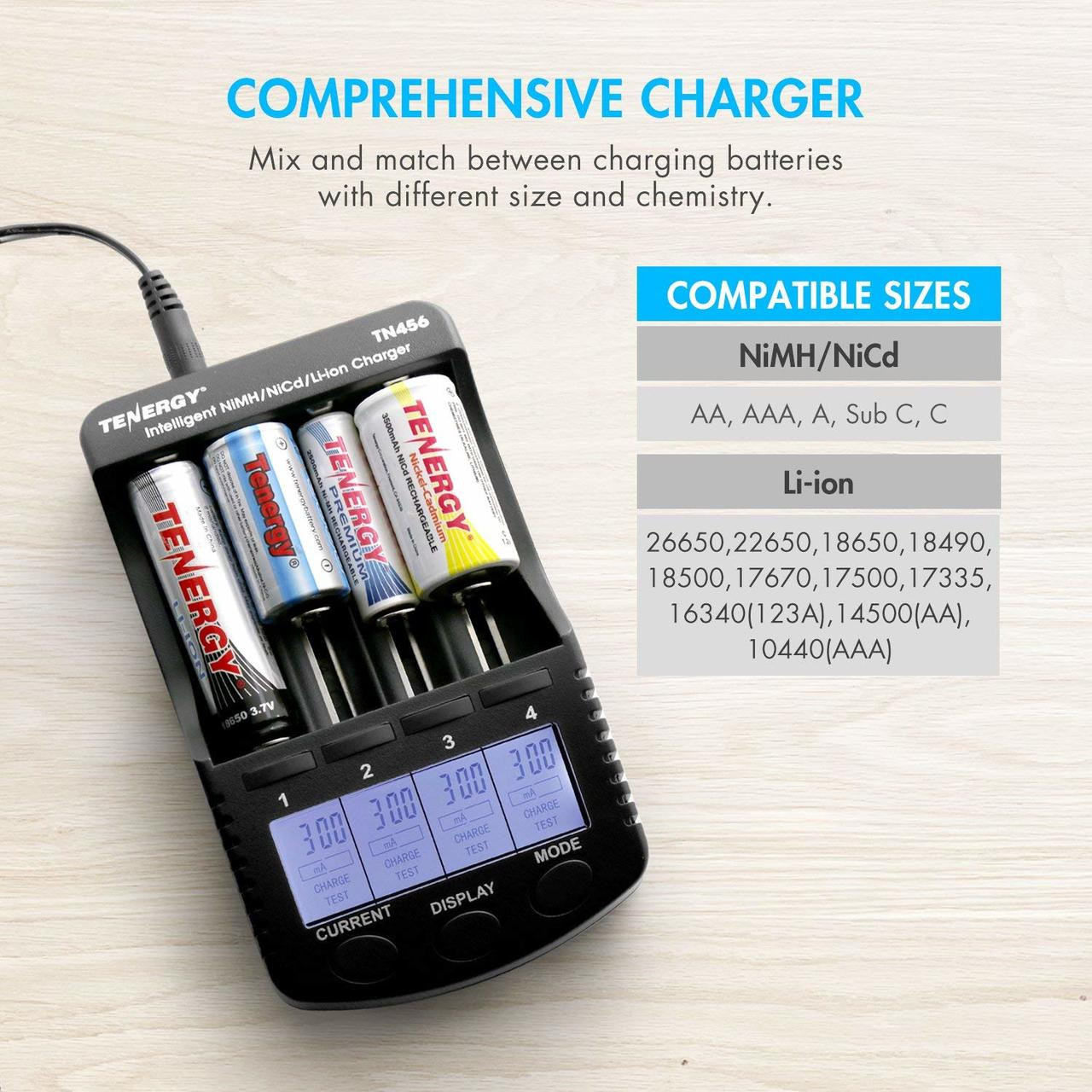 Tenergy TN456 Intelligent Universal Battery Charger for Li-ion/NiMH/NiCd Rechargeable  Batteries, 4-Bay, LCD Screen, USB output
