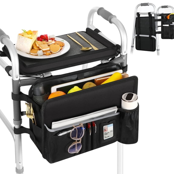 MoKo Walker Basket Bag with Tray, Upgraded Detachable Walker Tray for Folding Walkers with Non-Slip Mat, Large Storage Bag with Multi-Pockets and Cup Holder, Walkers Accessories for Senior, Black