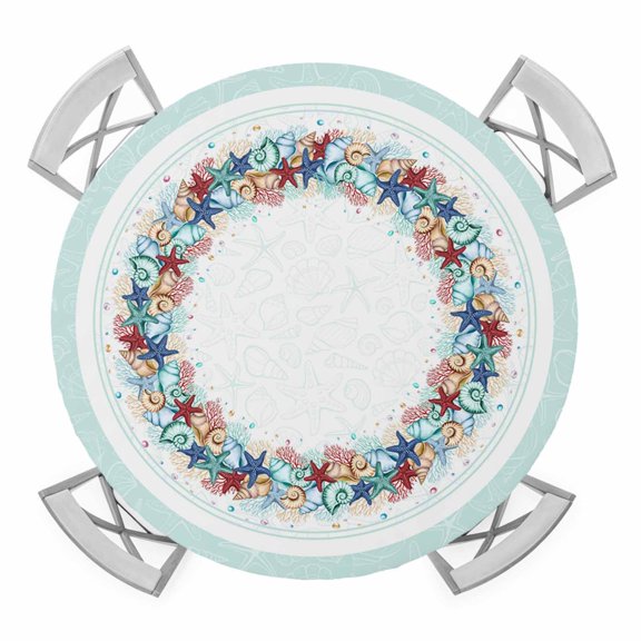 Elastic Fitted Round Tablecloth, Ocean Turquoise Waterproof Stretch Table Cover for 55"-60" Tables, Summer Coastal Beach Nautical Starfish Washable Outdoor Tablecloths for Patio, Picnic, Camping