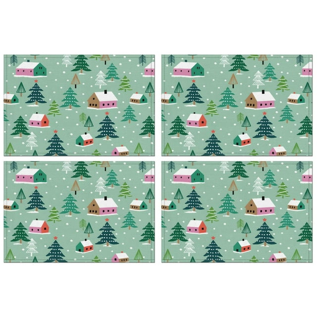 Merry Christmas Green Tree Set Of 4 Holiday Table Place Mats Durable Linen Placemats 12 X 18 Inch Winter Table Mats for Party Kitchen Dining Decoration for Kitchen Dining Table,Kitchen Table Mats