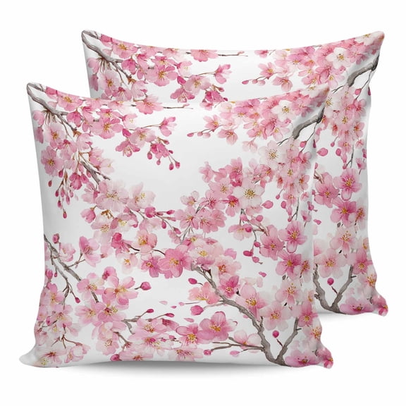 24x24 Pillow Covers Set of 2, Spring Peach Flowers Throw Pillow Covers Decorative Couch Cushion Case, Pink Botanical Floral Leaves Branch Microfiber Square Pillowcases for Bedroom Car Living Room