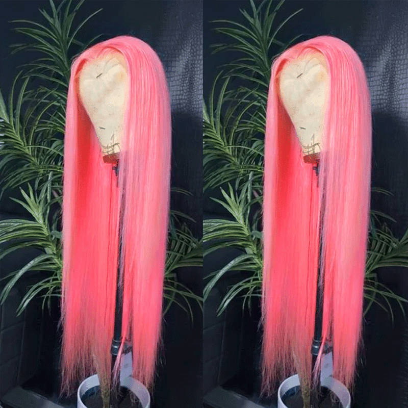 Rose Pink Colored 13x4 Lace Front Wig Straight Brazilian Remy Human Hair Wigs Preplucked Natural Hairline High Density Elegant Hairstyle For Women Daily&Birthday&Wedding Use Wig 180 Density 16 Inch