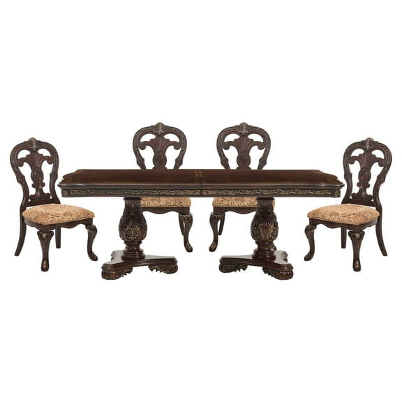 Gorgeous 5pc Dining Set Double Pedestal Base Table 4 Side Chairs Cherry Finish Gold Tipping Traditional Style Furniture