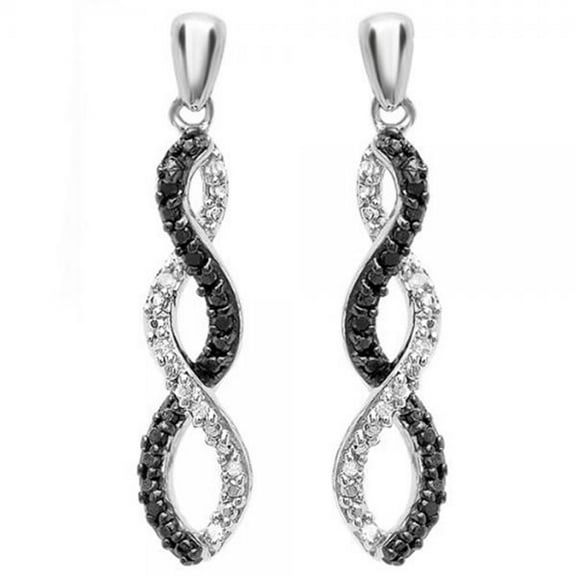 0.07 Carat (ctw) Sterling Silver Round Cut Black & White Diamond Ladies Infinity Swirl Dangling Earrings