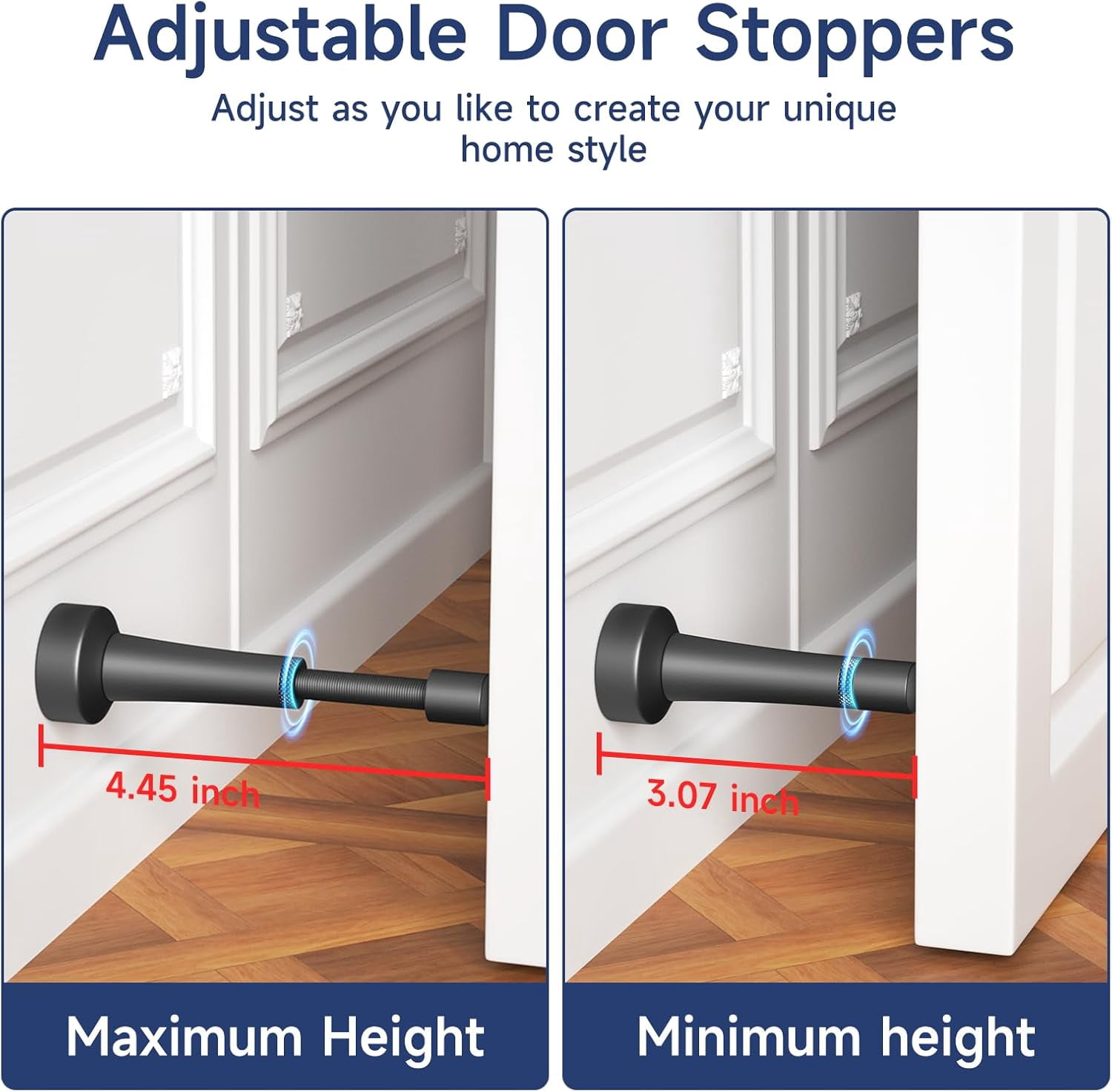 JJEAN-Adjustable Door Stopper, 3.07-4.45in Aluminum Door Stoppers for Bottom of Door, Matte Black Door Stop for Wall with Silicone Tip, Screw & Adhesive Installation