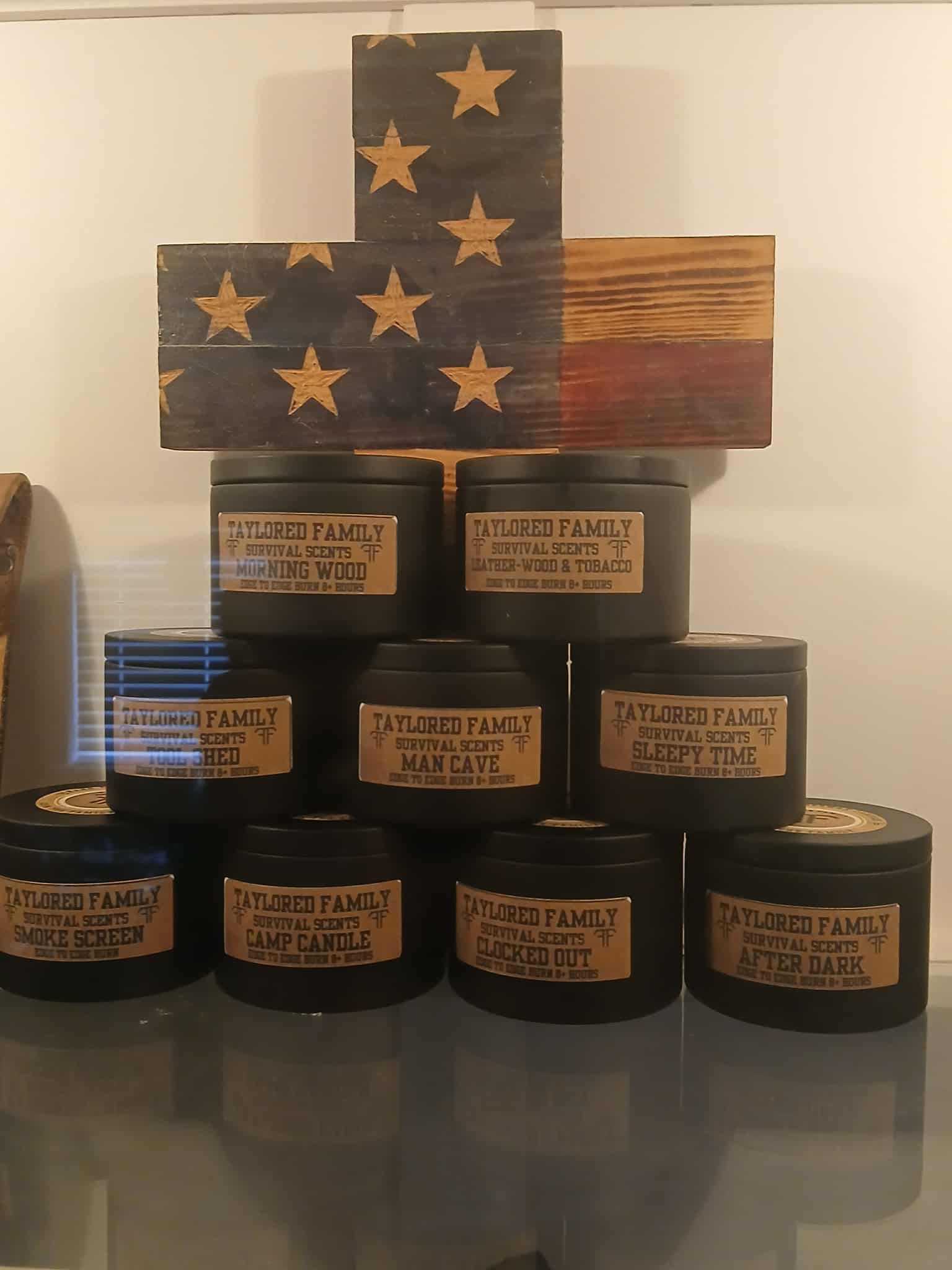 Taylored Family Survival Scents 8 oz. Leather-wood and Tobacco Scented Candle, Hand-Poured Beeswax Blend, Custom Wick