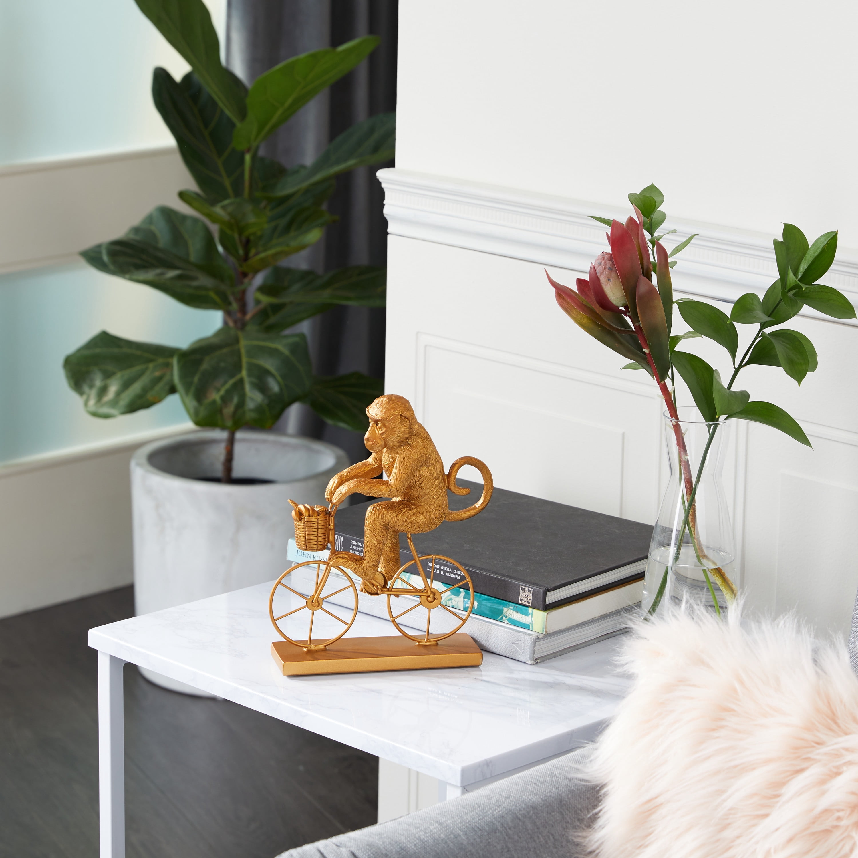 7" x 9" Gold Polystone Monkey Sculpture with Bicycle, by DecMode