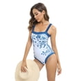 thumbnail image 6 of WBQ Womens Retro One Piece Swimsuit Adjustable Ruffle Straps Square Neck Tummy Control Bathing Suit Blue and White Porcelain Printed One-Piece Swimwear S-2XL, 6 of 7