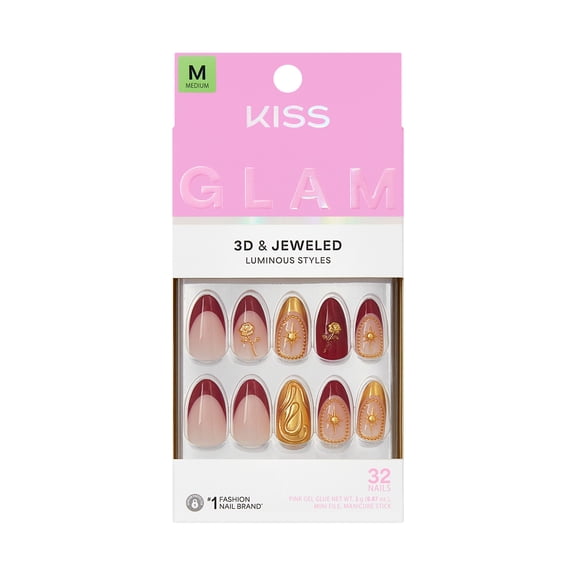 Kiss Glam 3D & Jeweled Press On Nails Almond, ‘Weekend’, Red & Gold, Medium Length, 32 Count