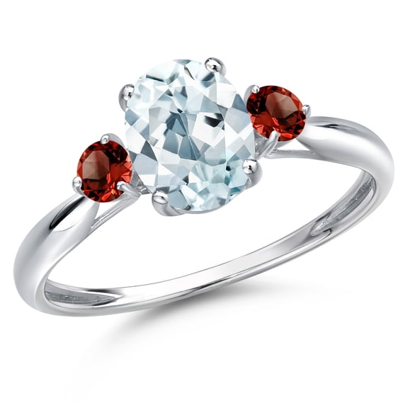 Gem Stone King 10K White Gold Sky Blue Aquamarine and Red Garnet 3-Stone Ring for Women | 1.50 Cttw | Oval 8X6MM | Gemstone March Birthstone | Size 8