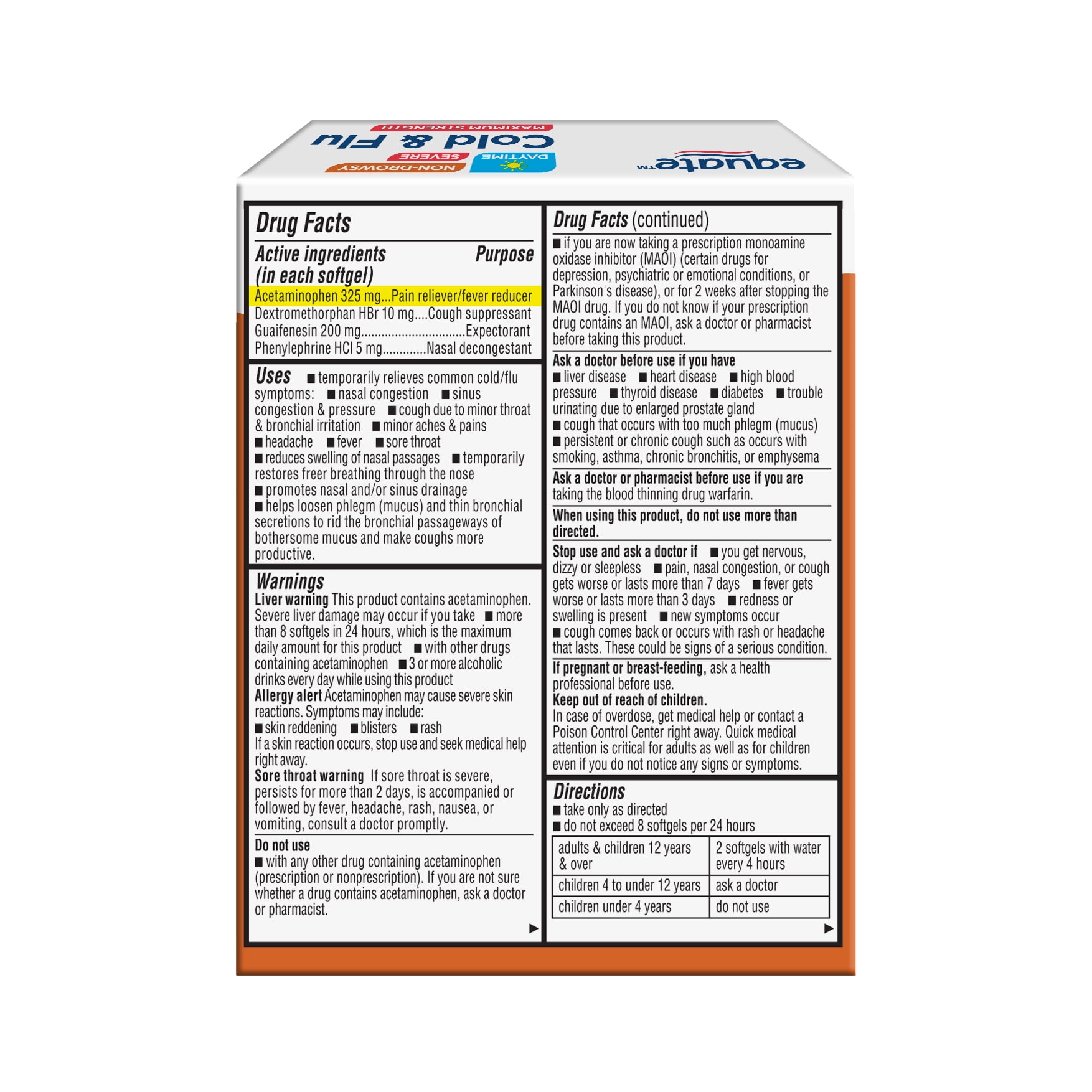Equate Max Strength Non-Drowsy Daytime Severe Cold + Flu Softgels, 325mg, 24 Count