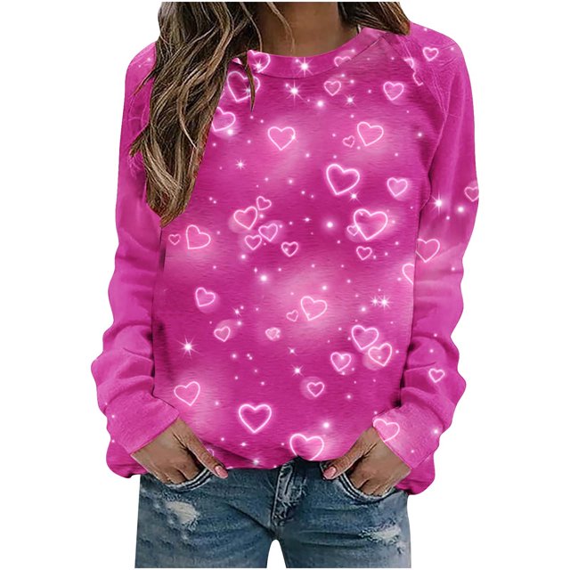 VALMASS Chandails en Molleton de la Saint-Valentin pour Femmes Manches Longues Imprimé Cœur Hauts Décontractés Col Rond Extérieur Blouses (L, Rose Vif)