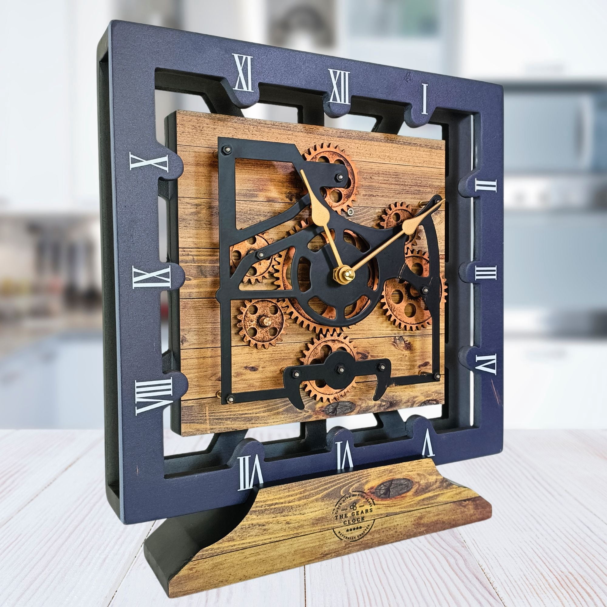 THE GEARS CLOCK Desk Clock with Real Moving Gears (wall clock)CA-LI_ 10 in Square Vintage-Brown