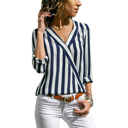 Women Striped Long Sleeve Blouse Loose Casual Tops Ladies Deep V Neck Office Work Summer Fashion Stripes Shirt Basic (Best Work Blouses 2019)