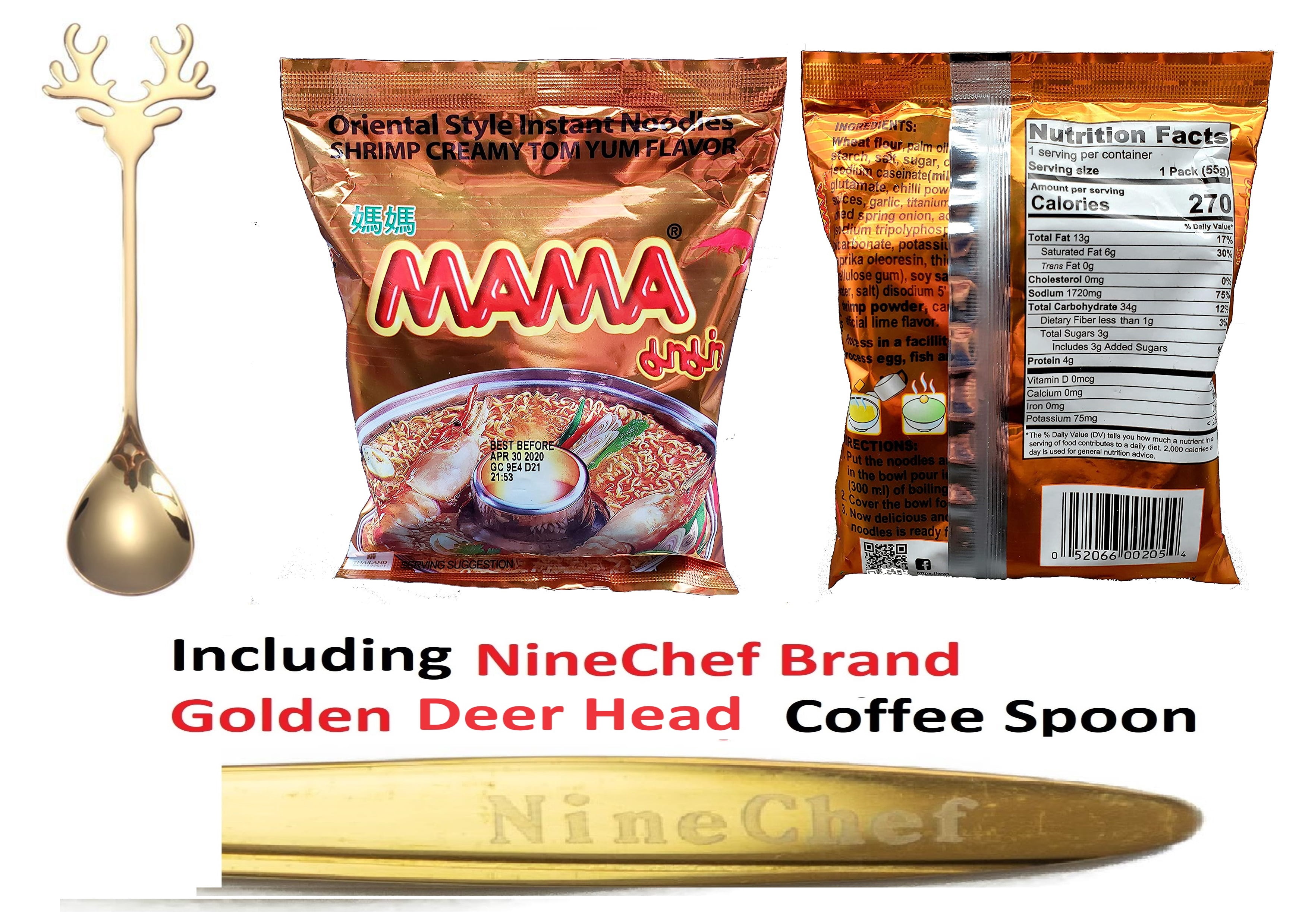 NineChef Bundle - 30BAGS MAMA INSTANT NOODLES SHRIMP CREAMY TOM YUM FLAVOUR + 2 NineChef Brand Long Handle Spoon (Golden Heart andn Deer Head)