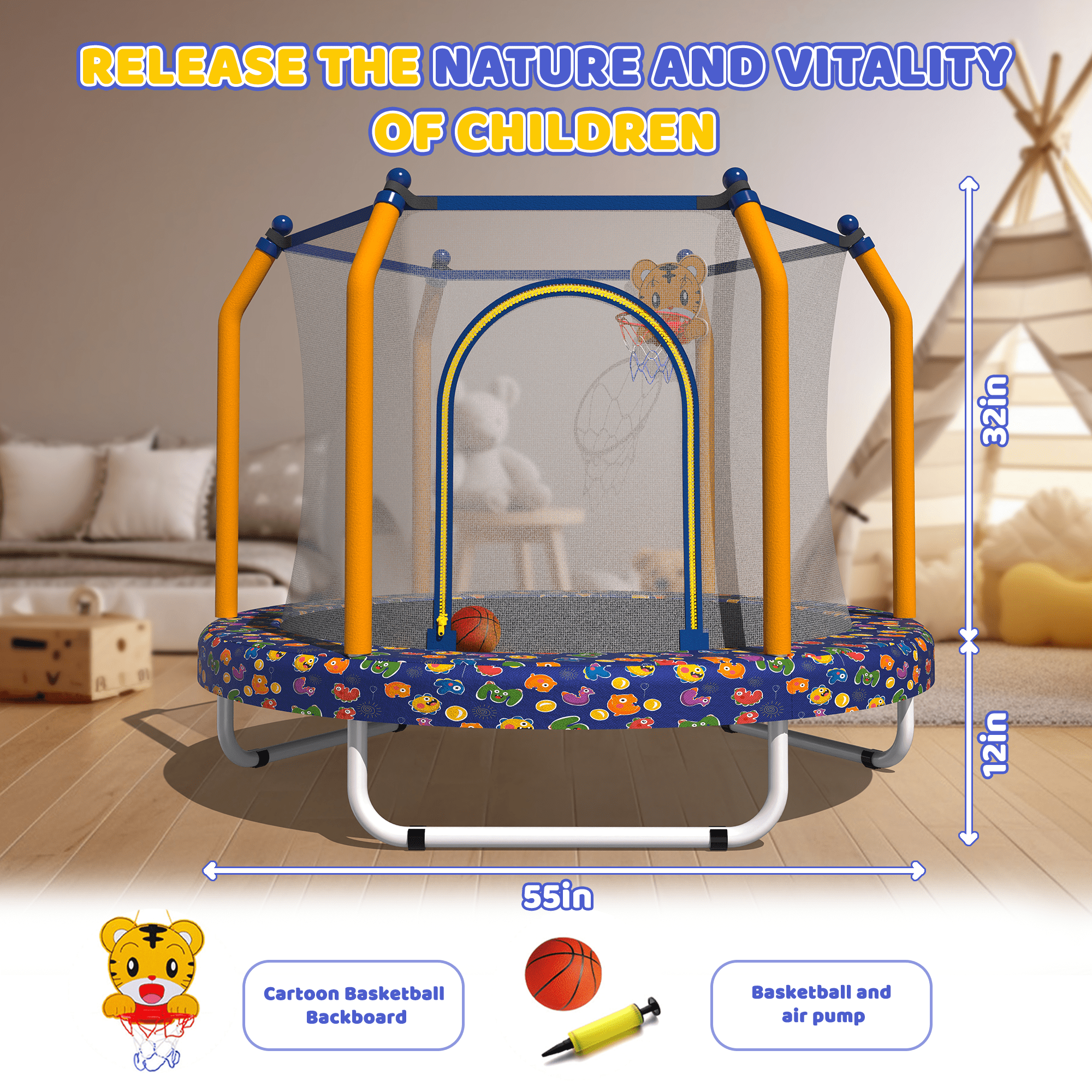 55 Inch Kids Trampoline with Basketball Hoop, Indoor Outdoor Toddler Trampoline with Safety Net