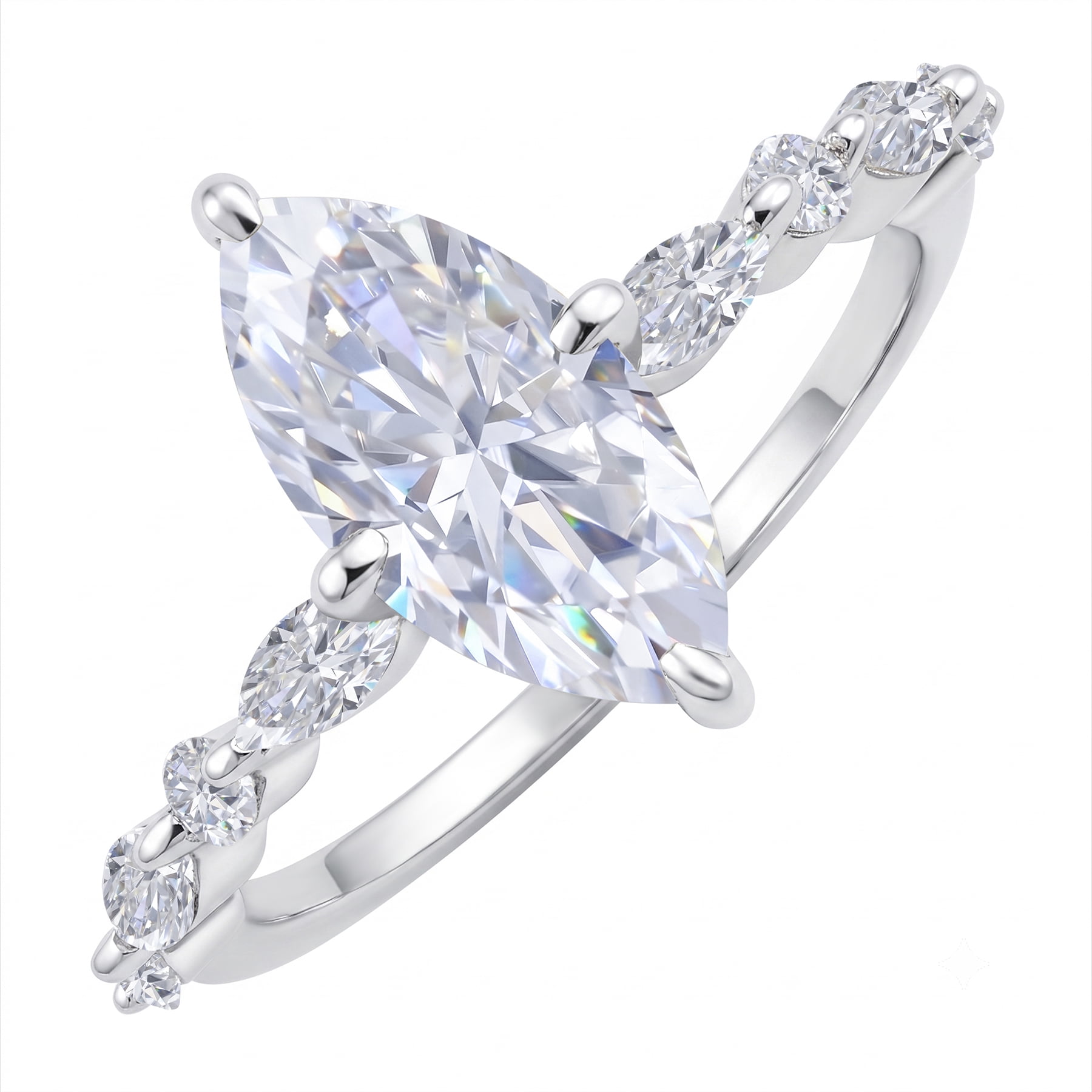 JeenMata 2.50 Carat Marquise Cut Moissanite Engagement Ring for Her, Solitaire Marquise Ring with Round & Marquise Side Stones in 18K White Gold Plating for Women