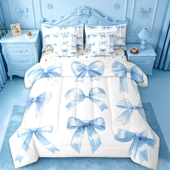 Manfei Blue Princess Bow 7-Piece Twin Bedding Sets For Girls,Watercolor Bowknot Print Bedding Comforter Set For Kids,Reversible