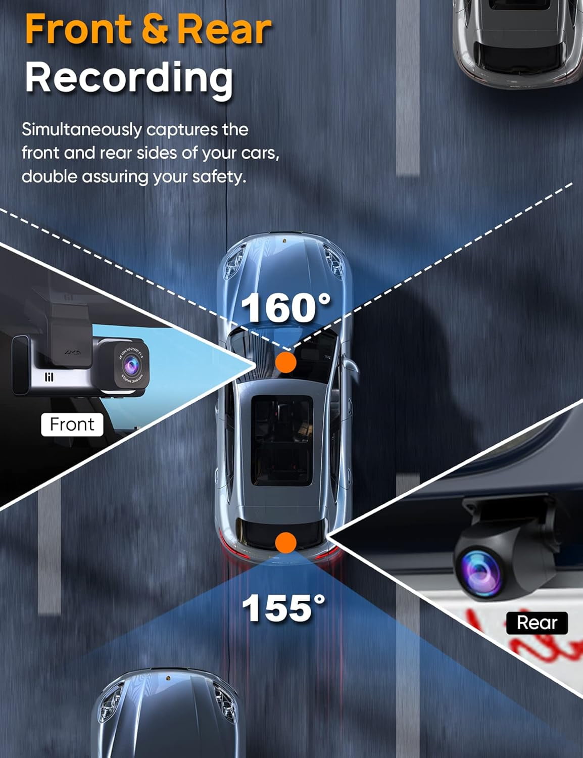 ODREY Dash Cam Front and Rear, 4K+2.5K 5G WiFi & WDR Dash Camera for Car with 64GB Card dashcam, G-Sensor, Super Night Vision, Loop Recording, Parking Mode