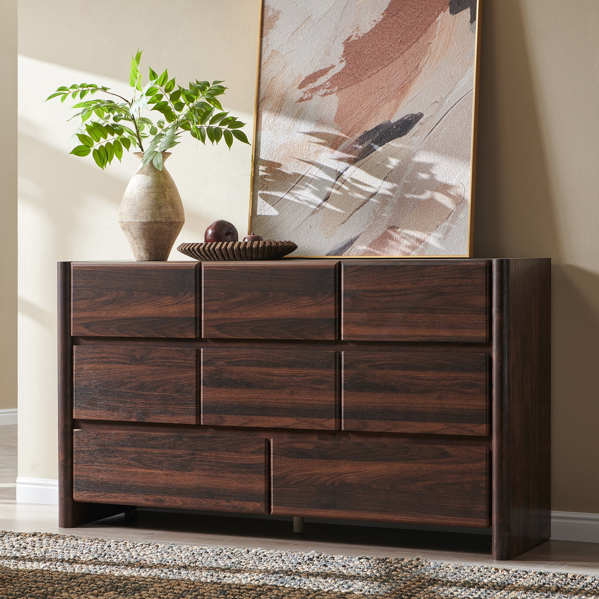 wow97e Modern 8 Drawers Dresser for Bedroom, 55" Wide Wood Chest of Drawers w/Rounded Corner & Handless Design for Living Room, Brown