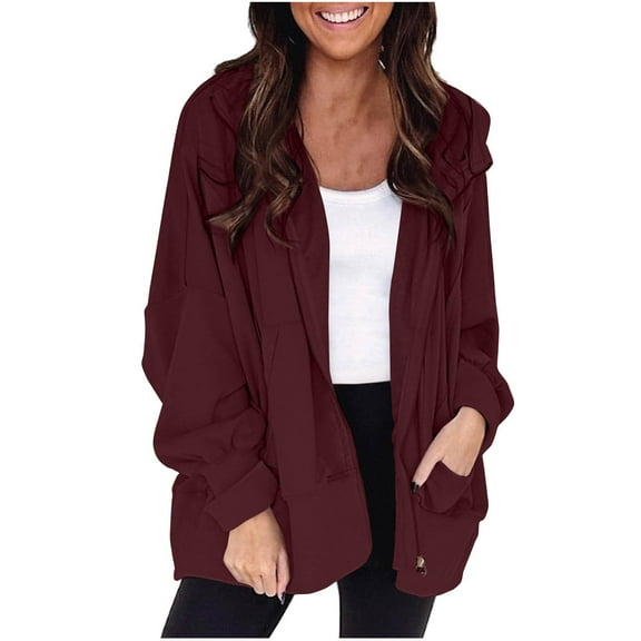 Ladies Oversized Hoodie Full Zip Jacket with Pockets Casual Loose Long Sleeve Sweatshirt Outerwear Fall Outfits (XL, Wine)