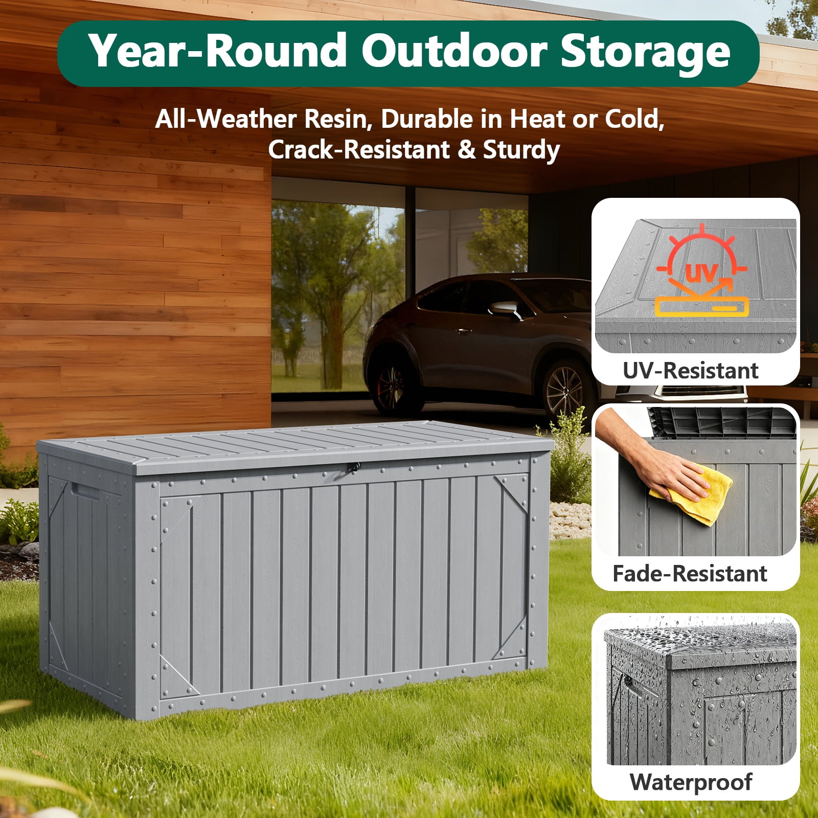 HaiCube 100 Gallon Lockable Resin Deck Box,Waterproof UV Resistant Outdoor Storage Bin with Lid for Patio,Garden & Pool Accessories,Gray