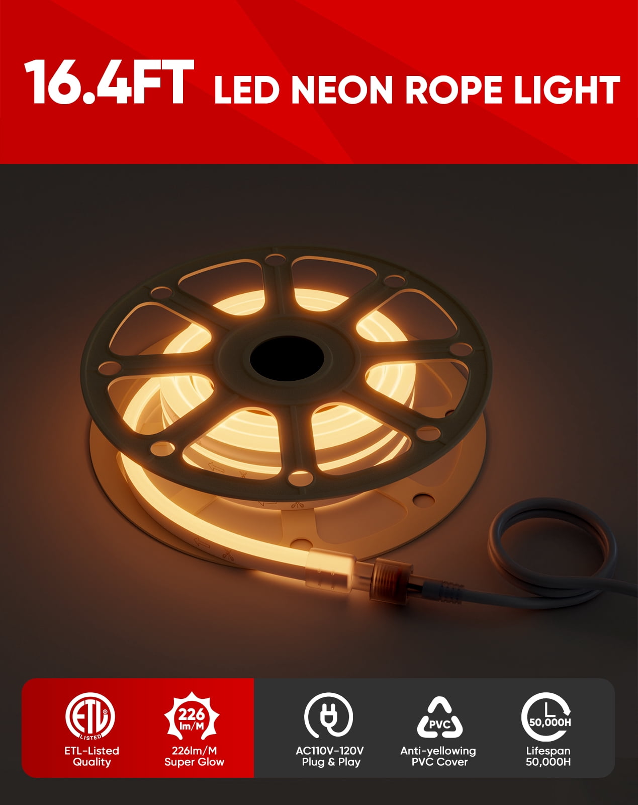 Shine Decor 16.4FT LED Neon Rope Lights, Bright 2500K Warm White AC110V-120V Neon Strip Light, 8x16mm Cuttable Waterproof SMD2835 120LED/M Indoor Outdoor Light Strips, DIY Ambiance Lighting Decoration