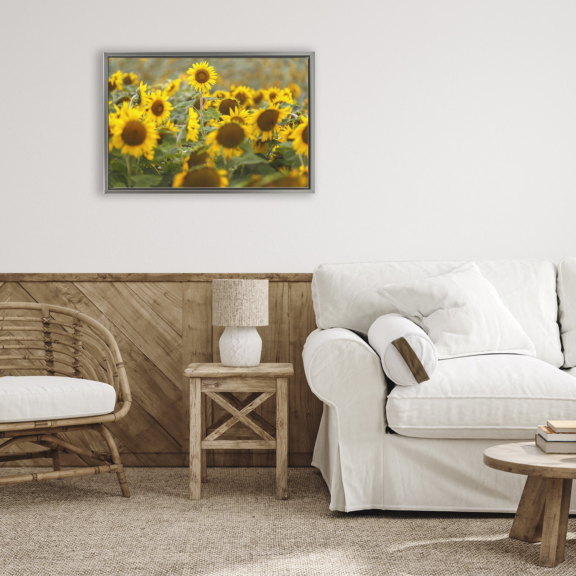 Central Sunflower in Meadow Gray Framed Floater Canvas Wall Art, design by Andy Crawford