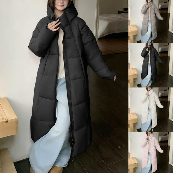 jtjvou Women Long Puffer Coat Warm Winter Quilted Jacket Fashion Ladies Thicken Full Zip Down Coats Removable Faux Fur Hood Parka Black L