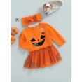 thumbnail image 3 of Bagilaanoe Halloween Outfits for Newborn Baby Girls Romper Dress + Headband 6M 12M1 8M 24M Infant Long Sleeve Ghost Face Print Jumpsuit, 3 of 9