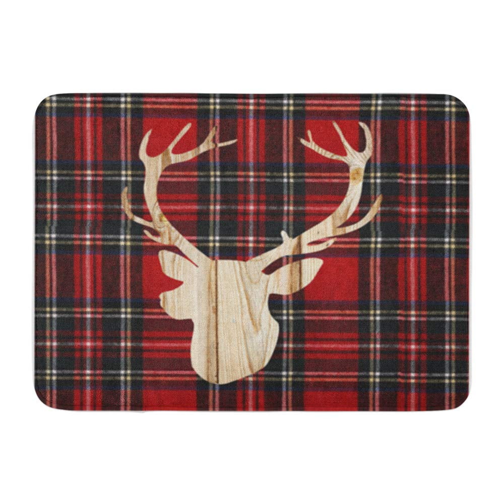 KDAGR Antler Flannel Deer Head Buffalo Plaid Cabin Doormat Floor Rug