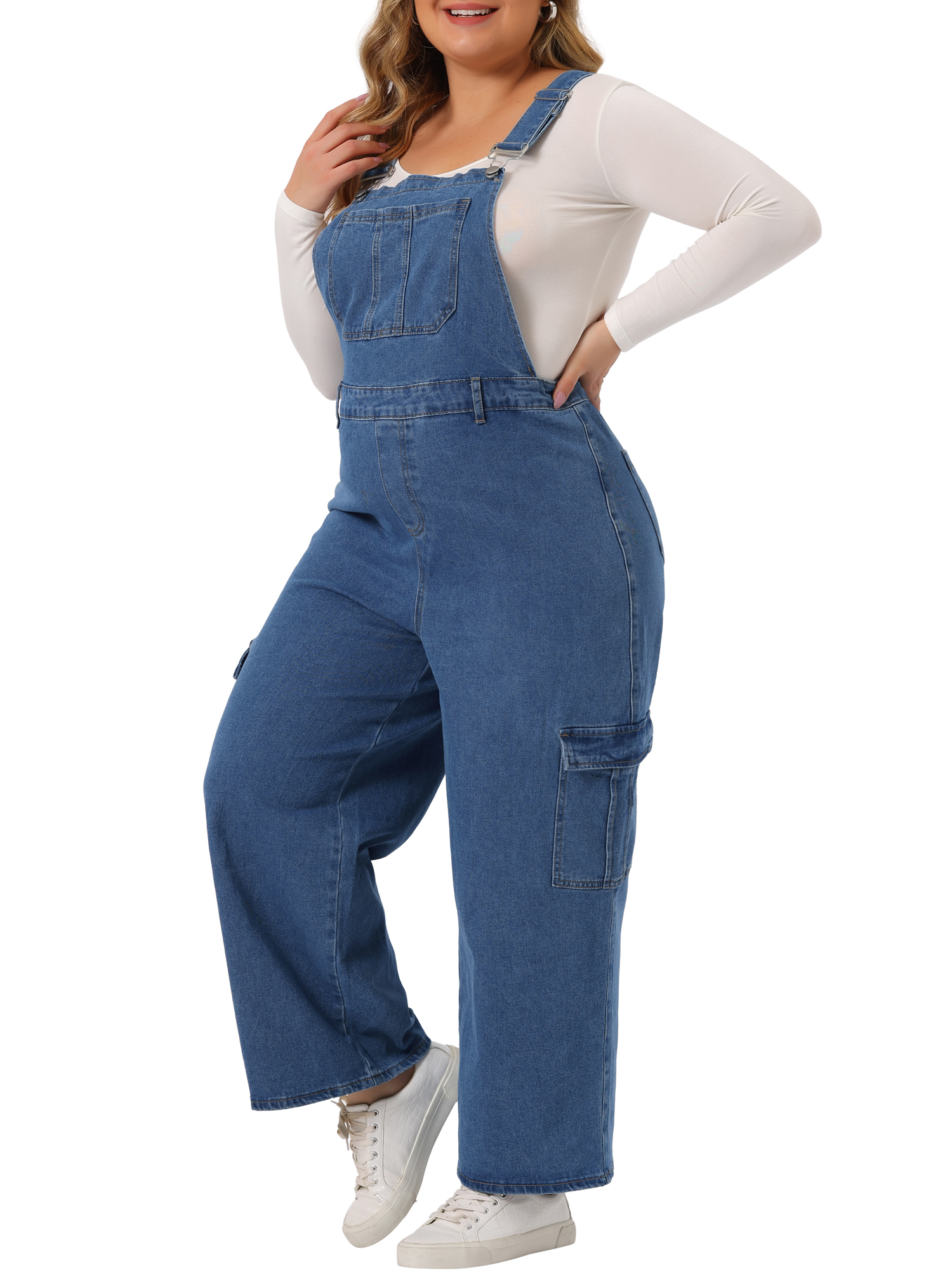 Unique Bargains Women's Plus Size Denim Overalls Bib Jeans Suspenders Jumpsuit 1X Mid Blue