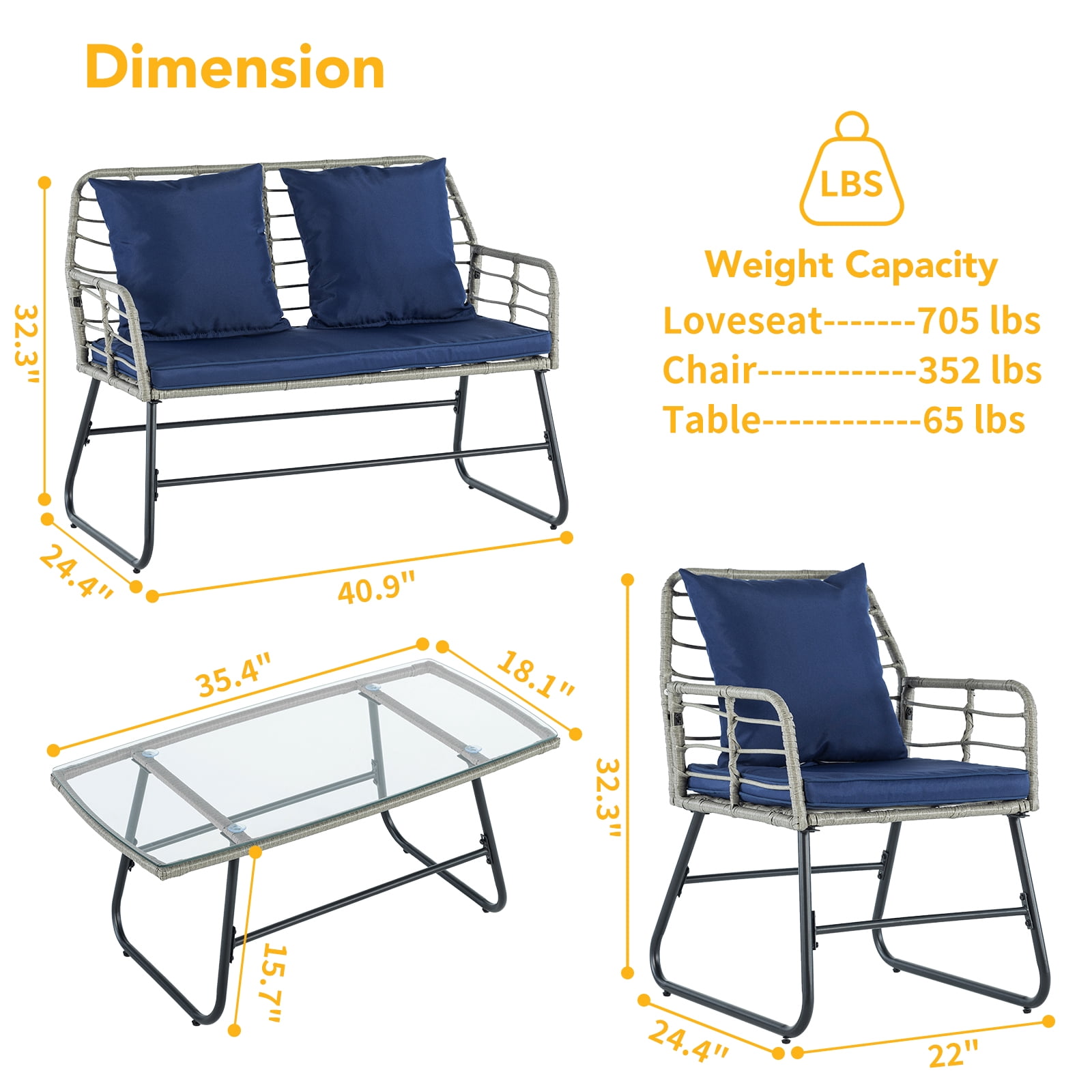 SHOUFTW 4 Piece Patio Furniture Set, Outdoor Patio Seating Set for Apartment Balcony, Space-Saving Rattan Conversation Set with Loveseat and Side Table for Patio, Front Porch & Pool, Small Spaces