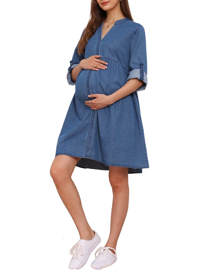 Inspire Chic Women's Maternity Denim Dress Long Sleeves Cotton Button Down Fall Shirt Dresses XL Blue