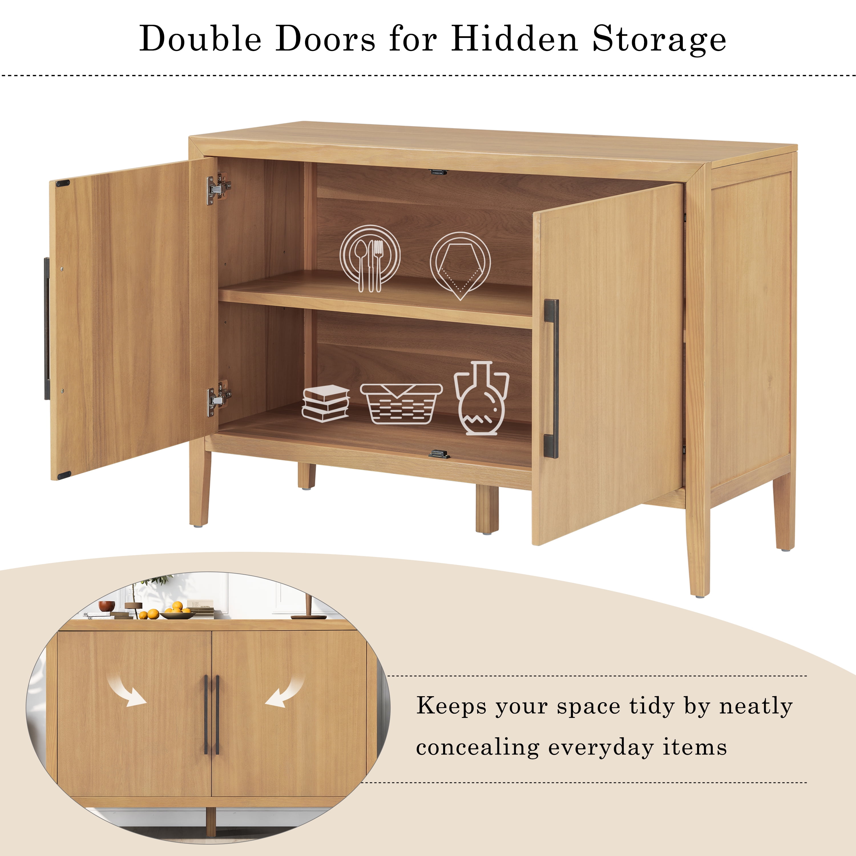 Mintazer 47.25" Farmhouse Sideboard with 2 Doors & Adjustable Feet, Wooden Storage Cabinet with Pine Veneer & Metal Handles for Entryway Living Room, Natural