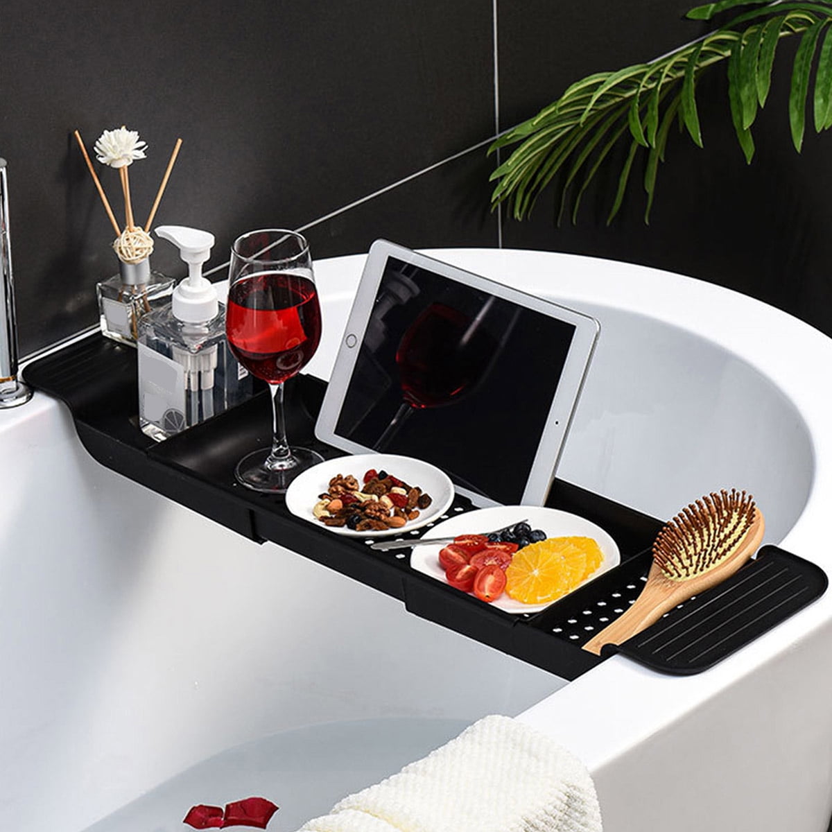 Bath Caddy Wood Wooden Board Rack Luxury Over Bathtub Shelf with Ipad Pro Safe and Secure Bamboo Bathroom Tray With Wine Holder Glass of wine or Tea Holders Book Kindle Perfect Gift 
