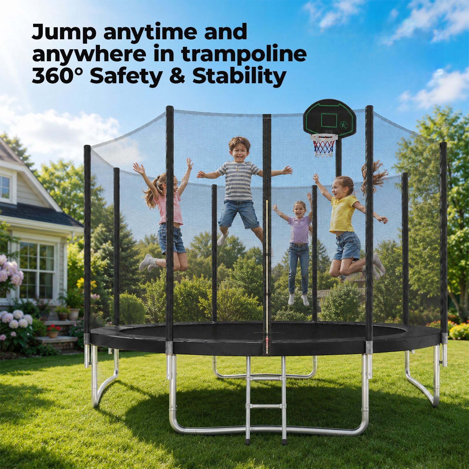 Alvantor 14Ft Trampoline for Kids, Round Trampoline with Enclosure Net and Basketball Hoop Black