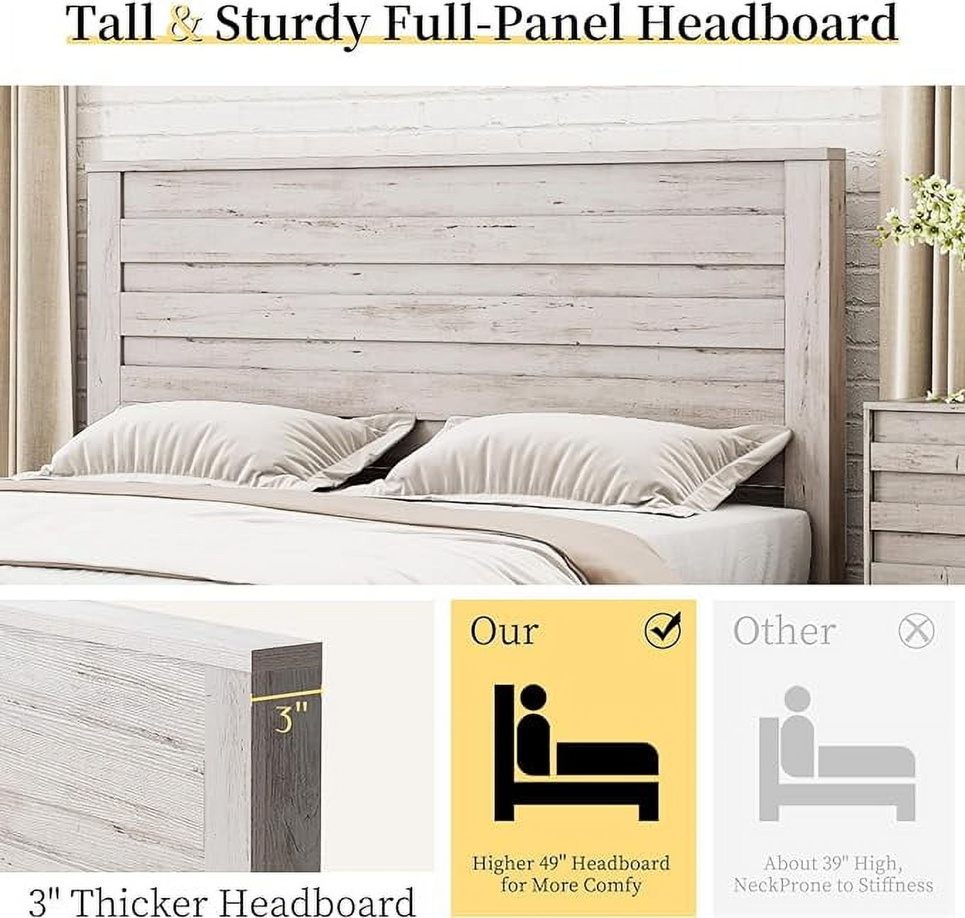 VanAcc King Size Bed Frame with 49" Tall & Full-Panel Headboard, Farmhouse Platform Bed with Wood Slats & Metal Bed Frame, Noise Free