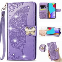 for Motorola Moto G Play 4G 2024 Phone Case Wallet, Women Flip Cover with Credit Card Holders Diamond Emboss Butterfly Flower PU Leather Wrist Strap Kickstand Case for G Play 4G 2024, Lightpurple