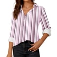 thumbnail image 2 of Women Loose Button up Shirts Striped Print Rolled Long Sleeve Lapel Collar Lightweight Casual Blouses Tunic Tops(Pink,M), 2 of 6