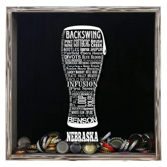 Torched Nebraska Beer Cap Shadow Box Wall Mount Decor 13"x13"x3" Gray