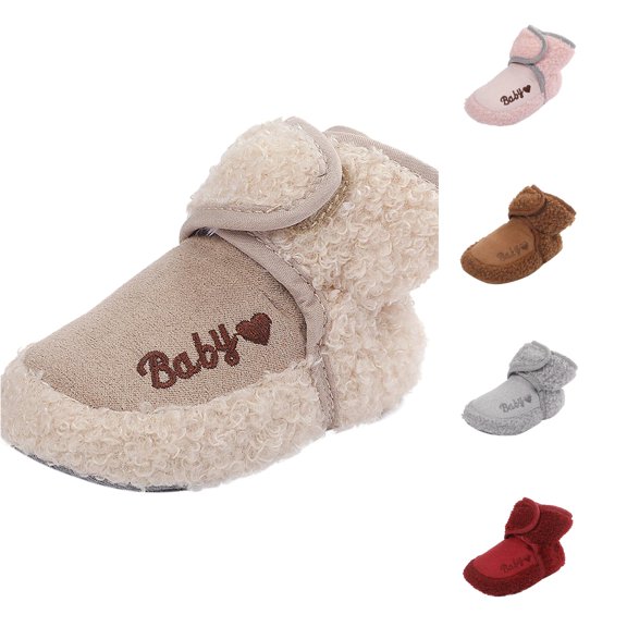 Xijirk Curly Baby Ankle Booties Baby Heart Embroidery Hook and Loop Warm Indoor Walking Shoes Beige,One Size