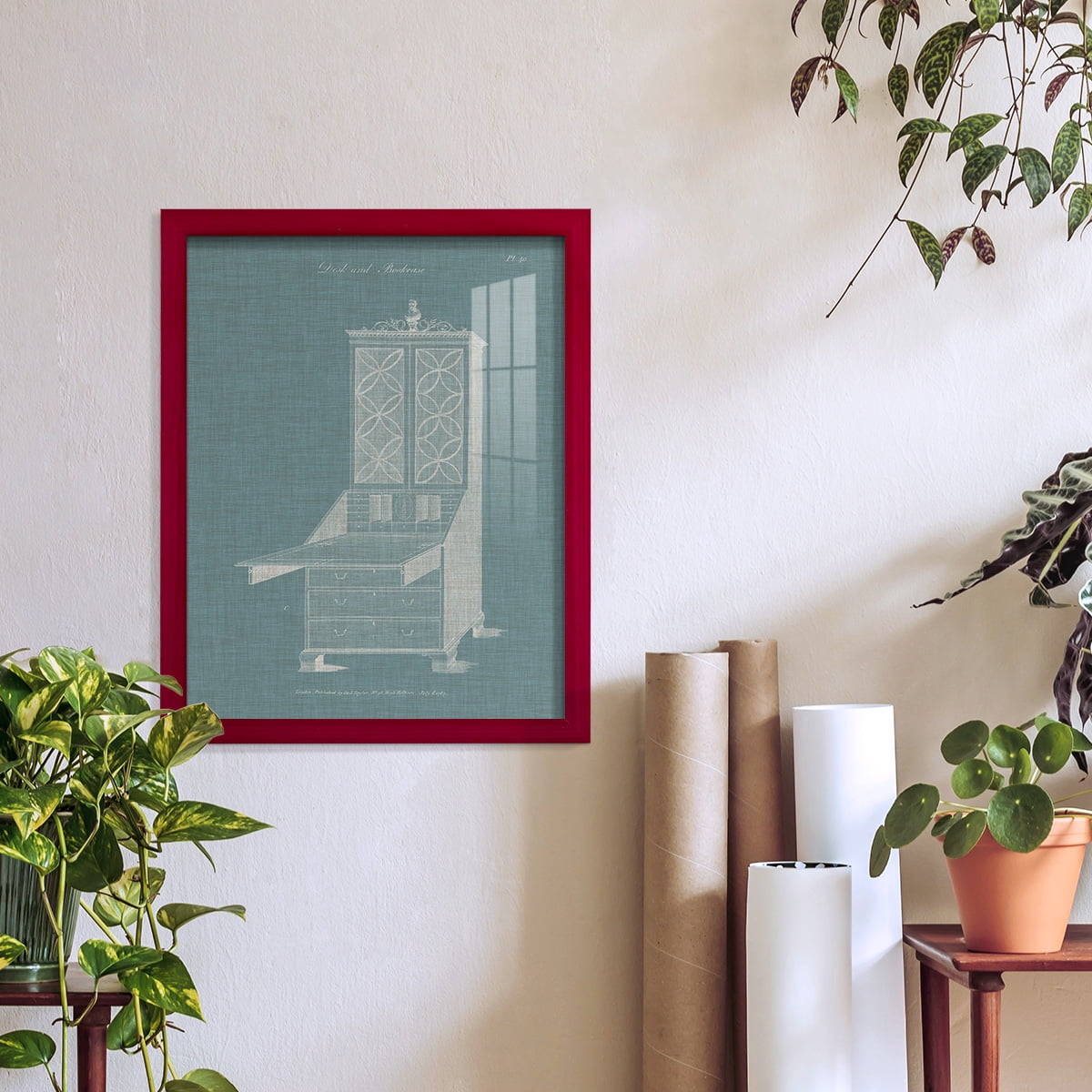 Hepplewhite Desk & Bookcase II - Framed Print w/glass - Cherry Red