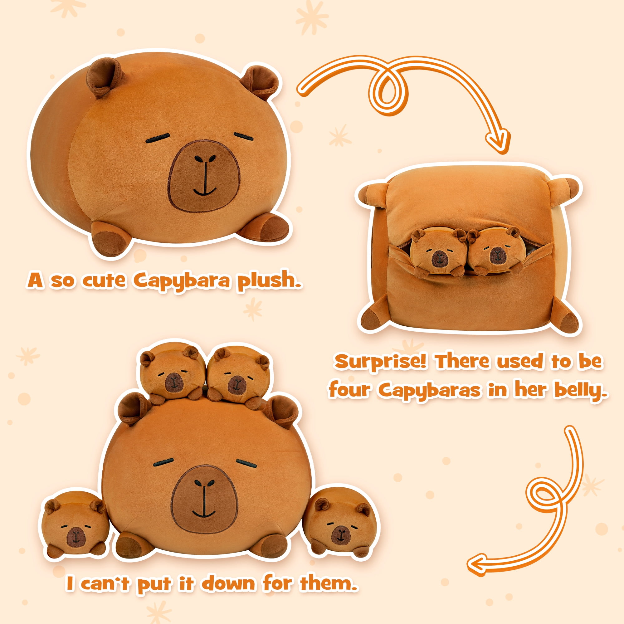 15" Capybara Stuffed Animals Family Set, Mommy Plush with 4 Baby Plushies for Girls&Boys, Soft Pillow Toys, Cute Birthday Gift for Kids and Adults